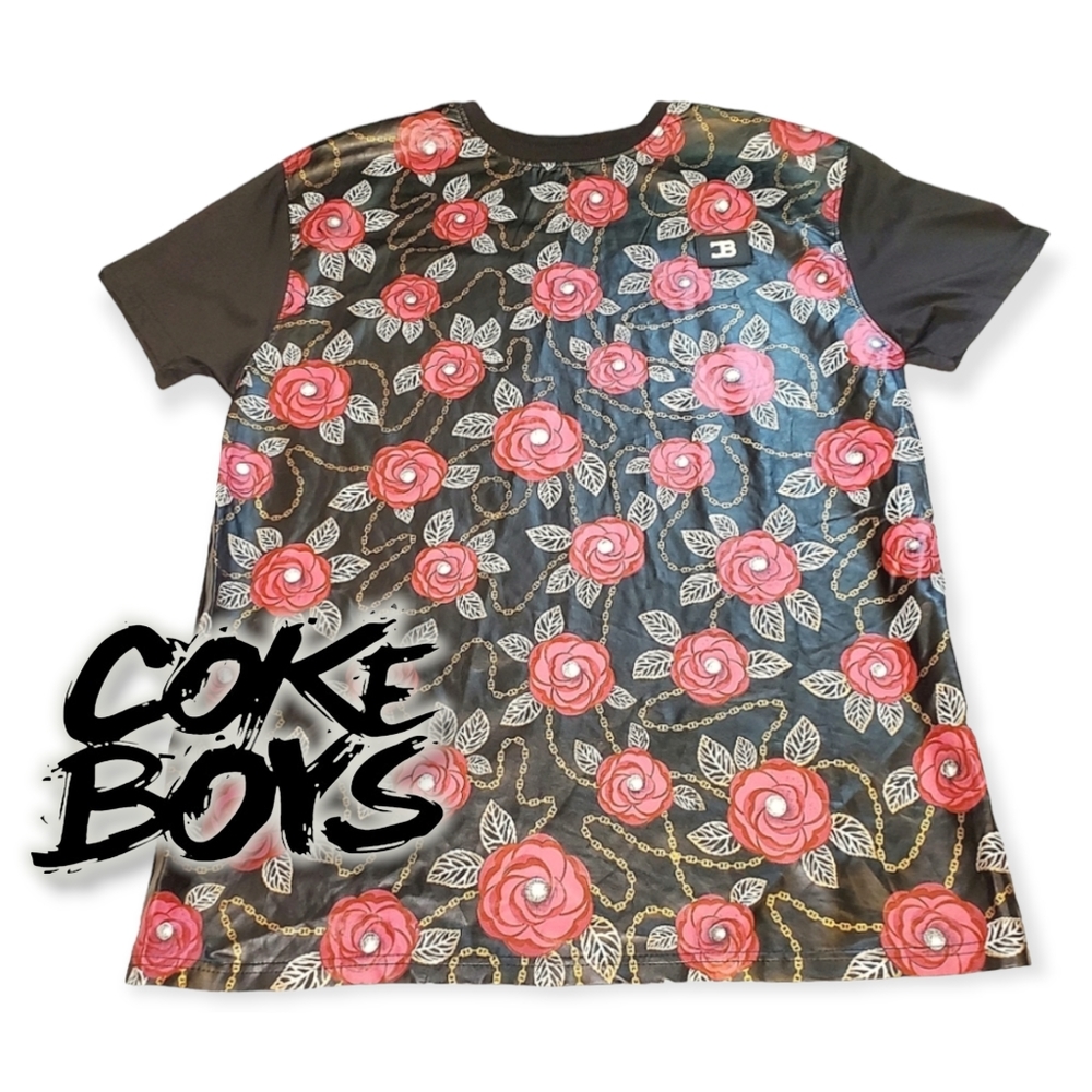 COKE BOYS | Men's black with rose print faux-leather front t-shirt. Size 3XL.